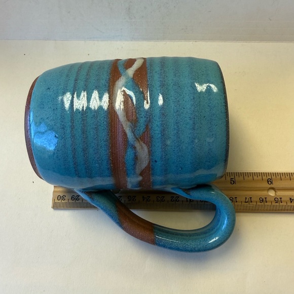 Handcrafted Hand Thrown Blue Brown and White Ceramic Redware Coffee Cup Mug - Picture 10 of 10
